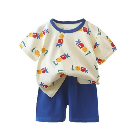 Swuxness Toddler Casual Short Sleeve 2 Piece Sets, Kids Summer Outfit Sets, Kids Summer Printed Round Neck Short Sleeve Shorts Set Blue, 90
