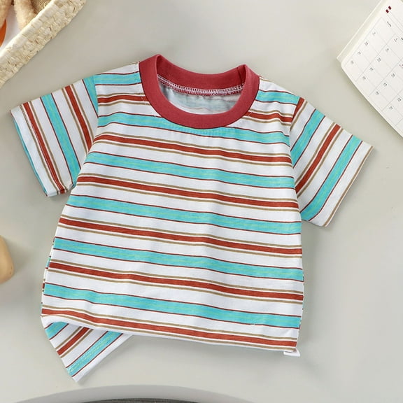 Swuxness Toddler Casual Short Sleeve Tops, Spring and Summer Blouses, Kids Printing Striped Crew Neck Comfortable Breathable Soft Loose Pullover Tee Sky Blue, 6-12 Years