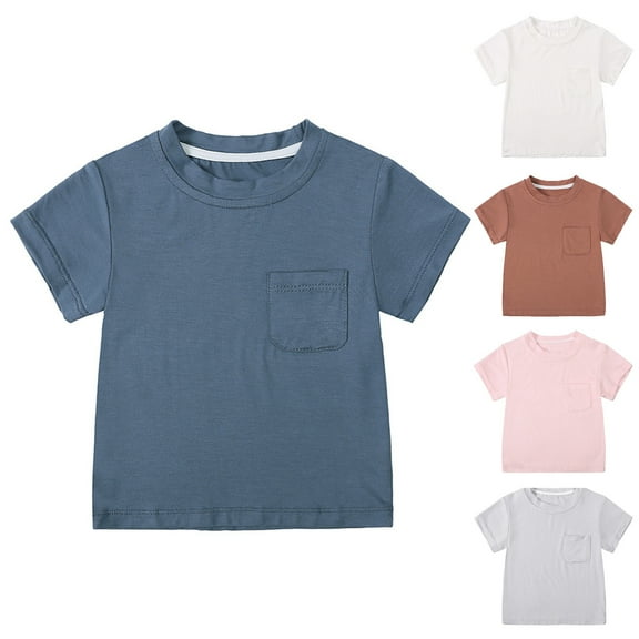 Swuxness Toddler Casual Short Sleeve Tops, Spring and Summer Blouses, Kids Solid Color Crew Neck Comfortable Breathable Soft Loose Pullover Tee Dark Blue, 12-24 Months