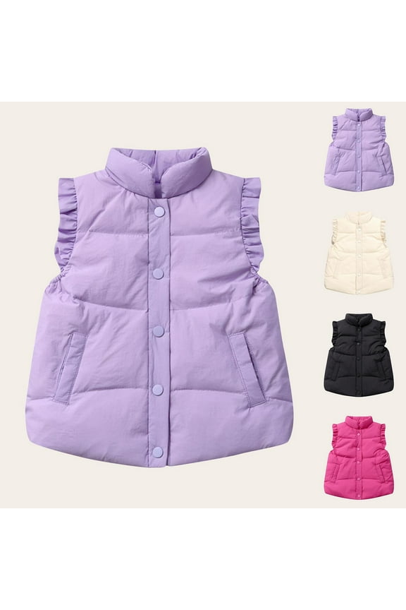 Toddler Casual Warm Jacket, Kids Winter Sleeveless Coat, Toddler Solid Color Button Ruffled Comfortable Casual Warm Soft Lightweight Outerwear Jacket Beige, 7-8 Years