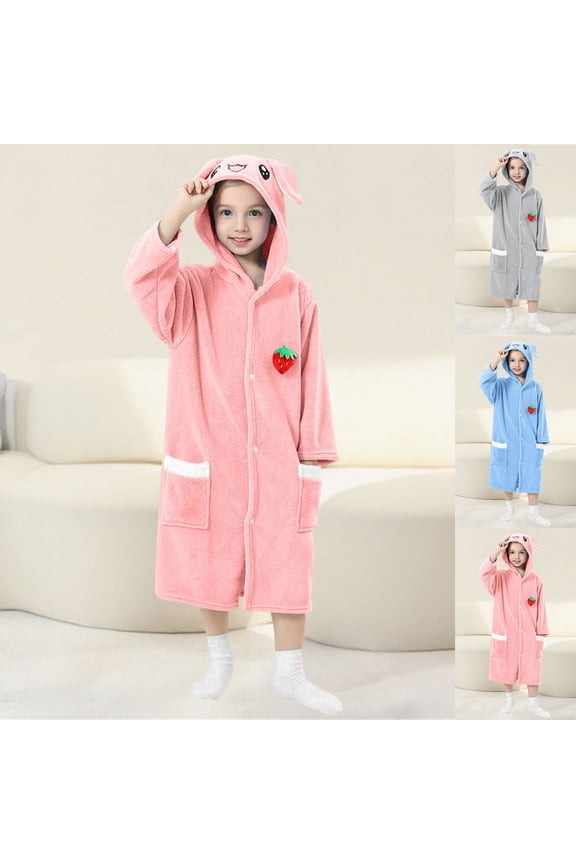 Toddler Fleece Hooded Long Sleeve Robes, Long Casual Robes, Kids Print Wearable Absorbent Cozy Post Swim Cover Up and Changing Bathrobe with Side Pockets Pink, 3-8 Years