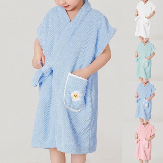 Swuxness Toddler Fleece Long Sleeve Robes, Long Casual Robes, Kids Print Wearable Absorbent Cozy Post Swim Cover Up and Changing Bathrobe with Side Pockets Blue, 1-5 Years