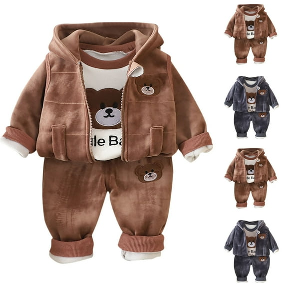 Swuxness Toddler Fleece Sets, Kids Winter Sets, Boys and Girls Double-Sided Fleece Long-Sleeved Hooded Trousers Round Neck Long-Sleeved Top Suit Three-Piece Trousers Set Brown, 1 Years