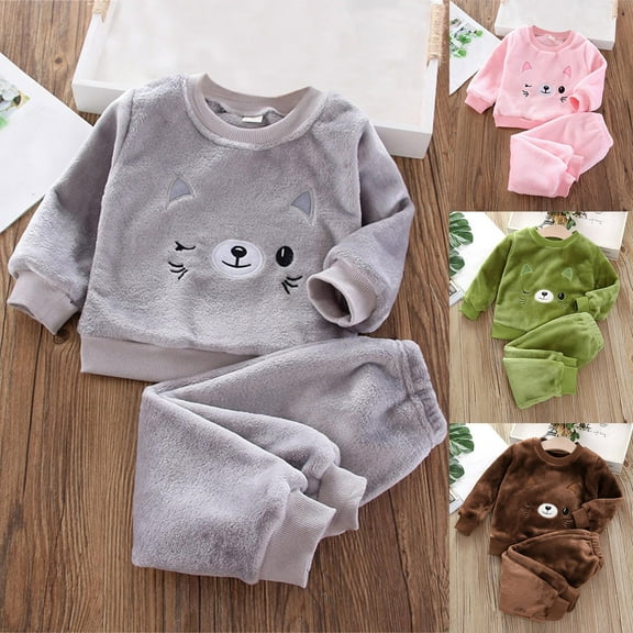 Swuxness Toddler Fleece Sets, Kids Winter Sets, Children's Flannel Sleepwear Set Long Pants Thickened Home Clothes Set Pink, 1 Years
