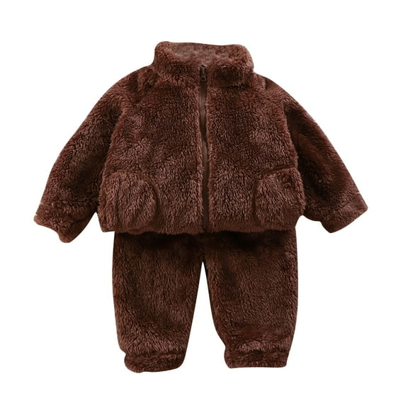 Swuxness Toddler Fleece Sets, Kids Winter Sets, Children's Flannel Solid Color Sleepwear Set Long Pants Thick Home Clothes Set Brown, 5 Years