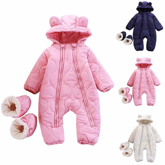 Swuxness Toddler Fleece Warm Hooded Rompers, Kids Long Sleeve Long Pant Jumpsuit, Kids Solid Color Thick Double Zipper Warm Romper Set with Covers Pink, 1-2 Years