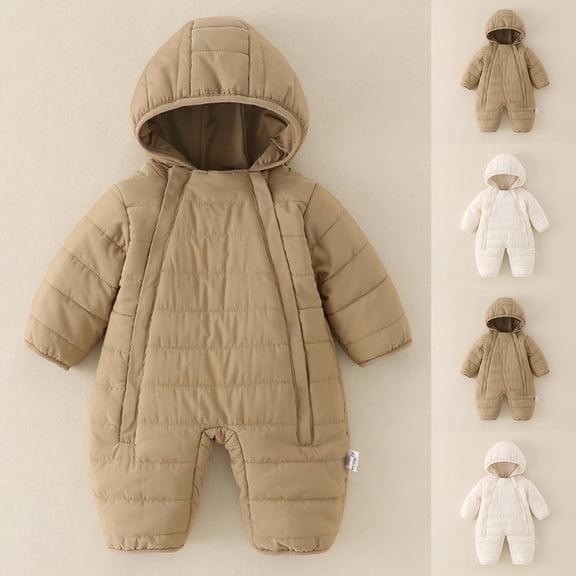 Swuxness Toddler Fleece Warm Hooded Rompers, Kids Long Sleeve Long Pant Jumpsuit, Kids Solid Color Thick Hooded Double Zipper Warm Comfortable Romper Khaki, 0-3 Months