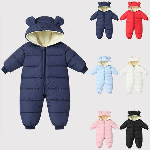 Swuxness Toddler Fleece Warm Hooded Rompers, Kids Long Sleeve Long Pant Jumpsuit, Kids Solid Color Thick Zipper Front Romper for Little Boys Girls Black, 0-5 Months