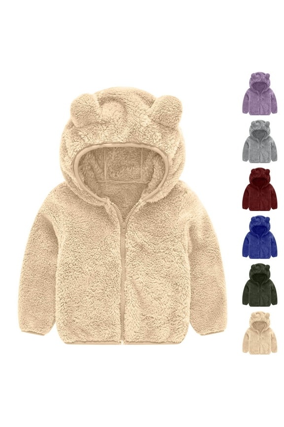Toddler Hooded Fleece Warm Jacket, Kids Fall Long Sleeve Coat, Toddler Solid Color Double Sided Reversible Comfortable Zipper Jacket for Boys and Girls Beige, 6-12 Months