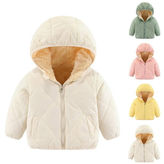 Swuxness Toddler Hooded Fleece Warm Jacket, Kids Winter Long Sleeve Jacket, Toddler Solid Color Windproof Zipper Front Comfortable Casual Warm Jacket for Girls and Boys White, 18-24 Months