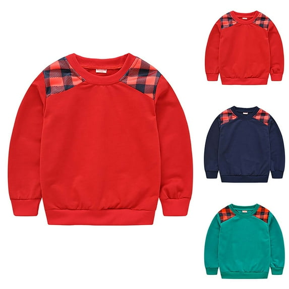 Swuxness Toddler Long Sleeve Sweatshirts, Toddler Fall Tops, Kids Plaid Print Crew Neck Sweatshirt for Kids Red, 9-12 Months