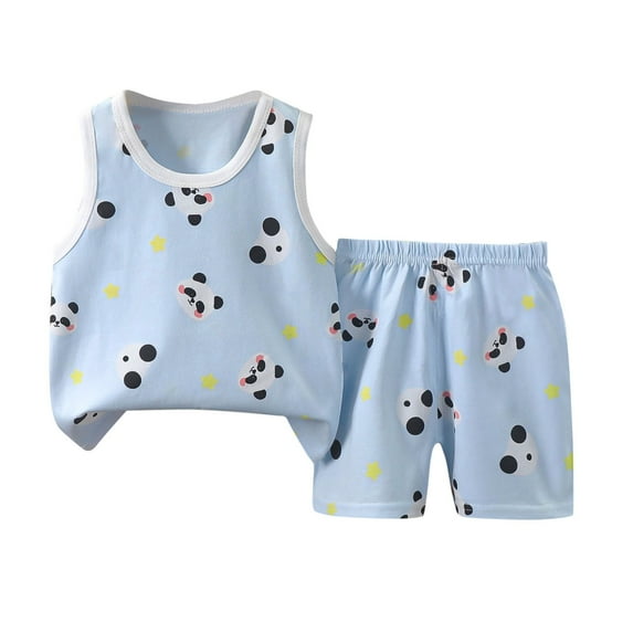 Swuxness Toddler Sleeveless Tank Top 2-piece Sets, Kids Summmer Outfits Sets, Children's Summer Printing Comfortable Short Round Neck Tank Sets for Kids Light Blue, 6 Months