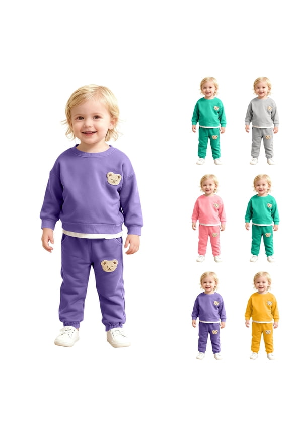 Toddler Sweatsuit Outfit 2 Piece Set, Kids Long Sleeved Tops Long Pants, Boys Girls Printing Pullover Sweatshirts Wide-Leg Sweatpants Casual Sports Suit Purple, 9-12 Months