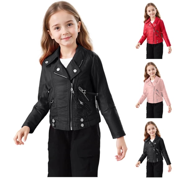 Swuxness Toddler Zip Up Casual Coat, Kids Long Sleeve Jacket, Toddler Solid Color Faux Leather Jacket with Stand Collar Motorcycle Style Short Length Coat Red, 3-4 Years