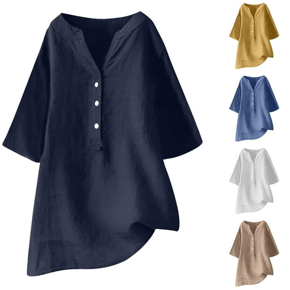 Swuxness Women 3/4 Sleeve Casual Shirts, Spring and Summer Long Tops, Ladies V-Neck Solid Color Button Comfortable Fashion Loose Pullover Tee Brown, L