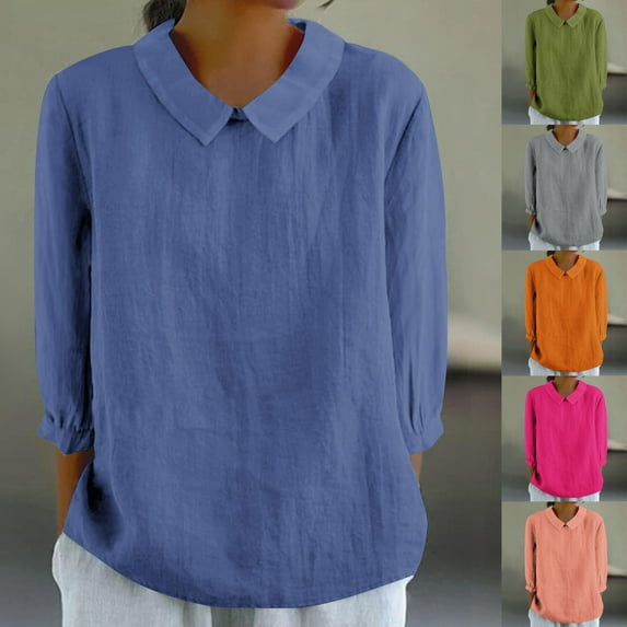 Swuxness Women 3/4 Sleeve Casual Shirts, Spring and Summer Tops, Ladies Collared Solid Color Comfortable Fashionable Button Blouse Blue, XXXL