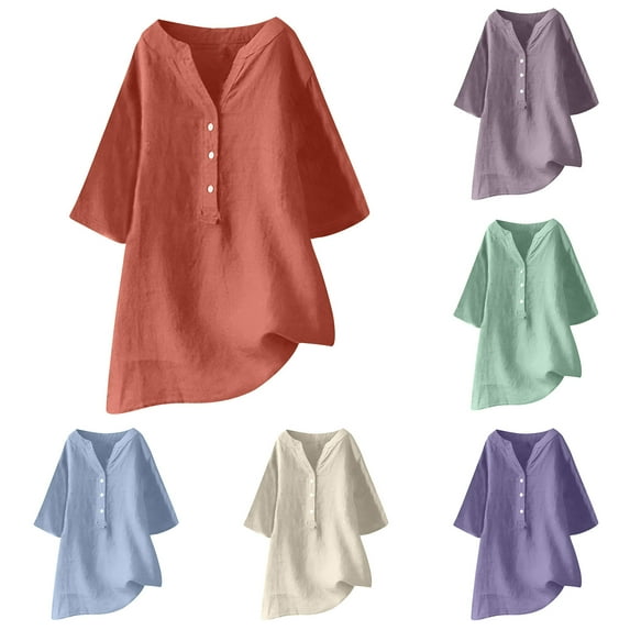 Swuxness Women 3/4 Sleeve Casual Shirts, Spring and Summer Tops, Ladies V-Neck Solid Color Button Comfortable Fashion Loose Pullover Tee Beige, M