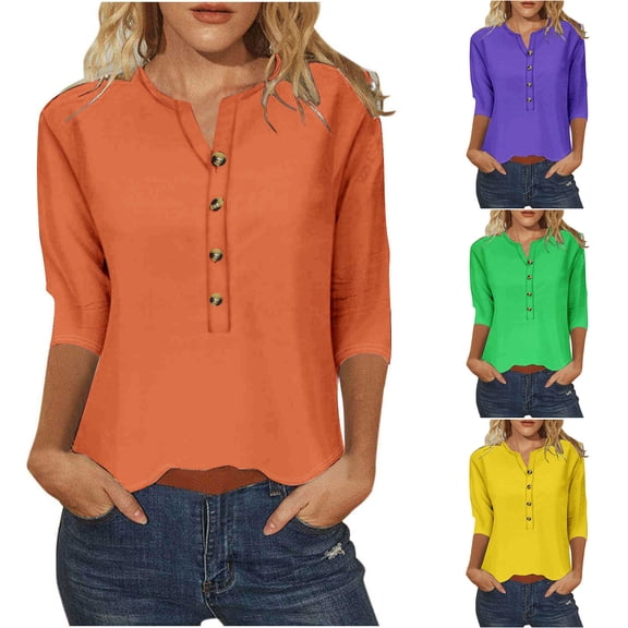 Swuxness Women 3/4 Sleeve Casual Shirts, Spring and Summer Tops, Ladies V-Neck Solid Color Button Comfortable Fashion Loose Pullover Tee Green, S