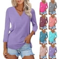 thumbnail image 1 of Swuxness Women 3/4 Sleeve Casual Shirts, Spring and Summer Tops, Ladies V-Neck Solid Color Comfortable Fashion Loose Pullover Tee Hot Pink, S, 1 of 4