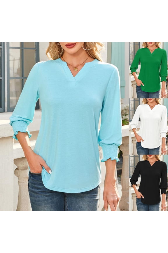Women 3/4 Sleeve Casual Shirts, Spring and Summer Tops, Ladies V-Neck Solid Color Comfortable Fashion Loose Pullover Tee Light Blue, S