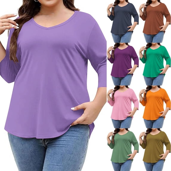 Swuxness Women 3/4 Sleeve Plus Size Shirts, Spring and Summer Casual Tops, Ladies V-Neck Solid Color Comfortable Fashion Loose Pullover Tee Orange, XXXXL