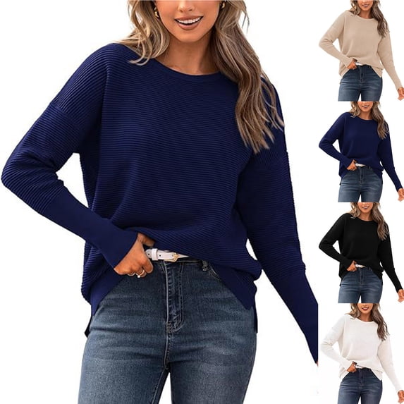 Swuxness Women Casual Sweater, Women's Long Sleeve Tops, Women Solid Color Knitted Crew Neck Comfortable Soft Loose Pullover Sweater Top for Ladies White, M
