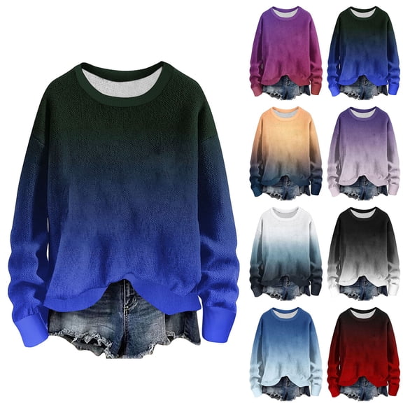 Swuxness Women Casual Sweatshirt, Women's Long Sleeve Tops, Women's Fashion Gradient Print Crew Neck Comfortable Soft Loose Pullover Knitted Ribbed Top White, M