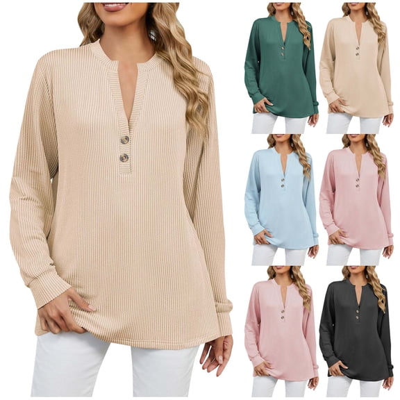 Swuxness Women Casual T-Shirt, Women's Long Sleeve Tops, Women Button Down V Neck Comfortable Soft Loose Fitted Striped Top Shirt for Ladies Blouses Beige, M