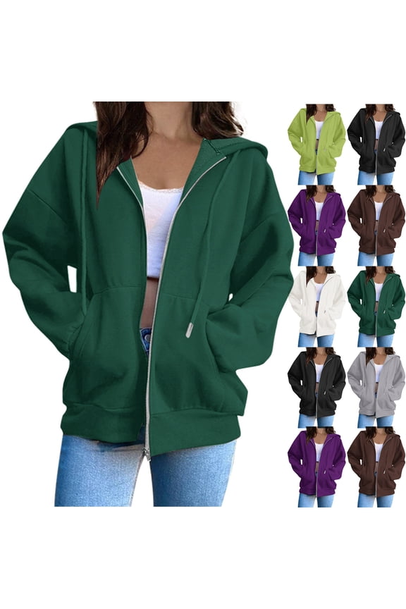 Women Hooded Casual Jacket, Women Long Sleeve Coat, Women Solid Color Lightweight Soft Hooded Zip Up Front Pockets Casual Jacket for Ladies Green, M