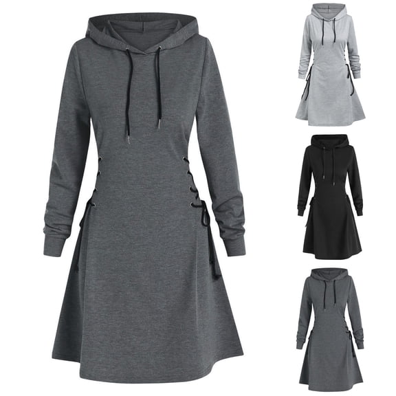 Swuxness Women Hoodie Long Sleeve Sweatshirts Dress, Women Mid Length Dresses, Women's Solid Color V Neck Drawstring Pocket Waist-Defining Mid-Length Hooded Dress Gray, XXL