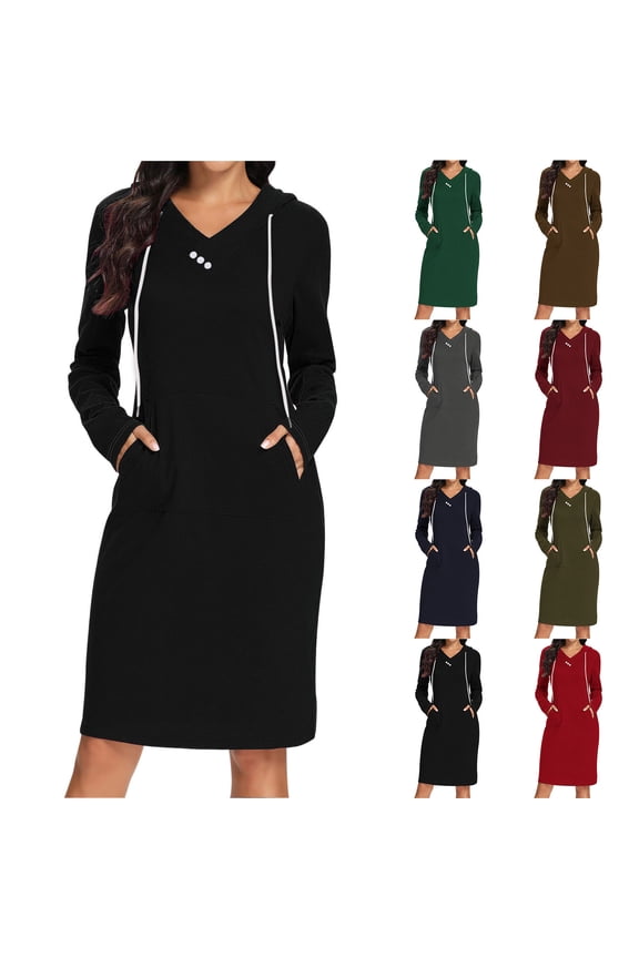 Women Hoodie Long Sleeve Sweatshirts Dress, Women Mid Length Dresses, Women's Solid Color V Neck Hooded Knee Length Sweatshirt Dress with Pockets Red, XXL