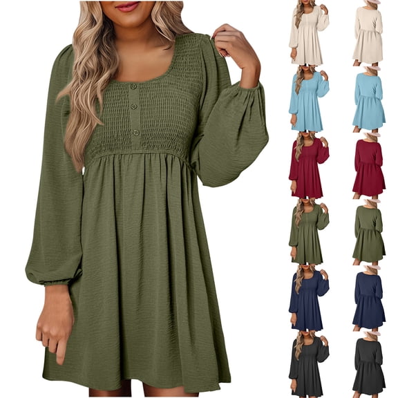 Swuxness Women Long Sleeve A Line Mini Dress, Women Casual Mini Dresses, Women's Elegant Casual Solid Color Crew Neck Knee Length Dress Army Green, S