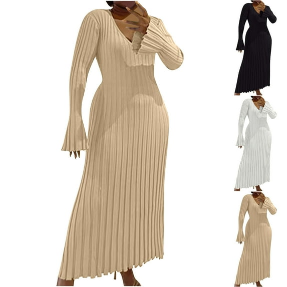 Swuxness Women Long Sleeve Knit Dresses, Women Casual Maxi Dresses, Women's Solid Color Knitted Casual Waist Cinched V Neck Slim Maxi Dress Beige, XXXL