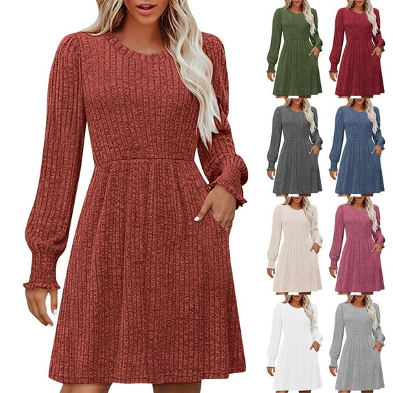 Swuxness Women Long Sleeve Knit Dresses, Women Casual Mini Dresses, Women's Solid Color Casual Crew Neck Waist Dress with Pockets Beige, XXL