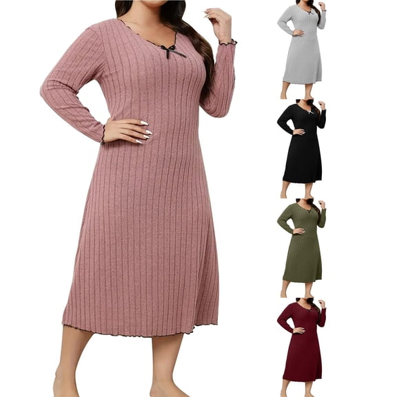 Swuxness Women Long Sleeve Knit Dresses, Women Mid Length Dresses, Women's Solid Color V Neck Casual Comfortable Soft Breathable Large Size Dresses Wine, XXXL