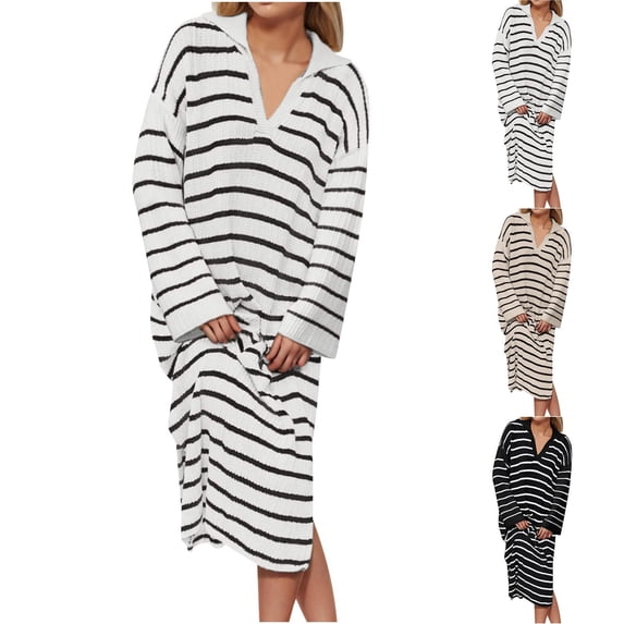 Swuxness Women Long Sleeve Knit Sweater Dresses, Women Casual Long Dresses, Women's Striped V Neck Lapel Low Split Comfortable Soft Long Knit Dress White, L