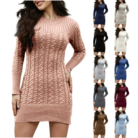 Swuxness Women Long Sleeve Knit Sweater Dresses, Women Casual Mini Dresses, Women's Solid Color Mid Length Cable Knit Layering Sweater Slim Short Dress Gray, XL