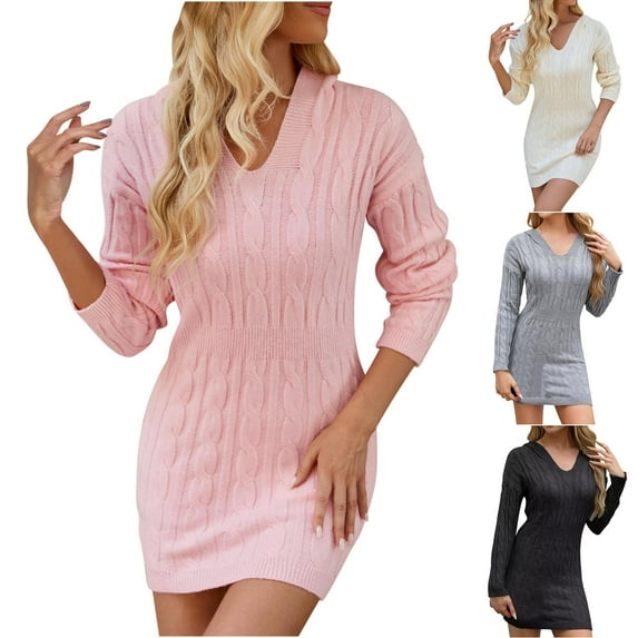 Swuxness Women Long Sleeve Knit Sweater Dresses, Women Casual Mini Dresses, Women's Solid Color V Neck Cable Knit Hooded Bodycon Slim Dress Black, M