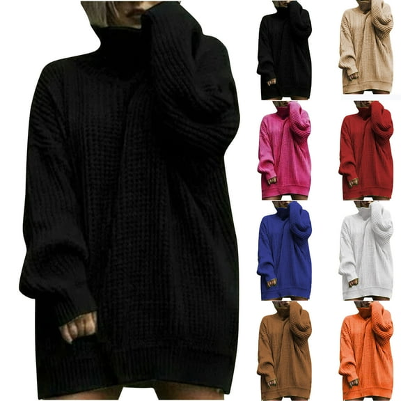 Swuxness Women Long Sleeve Knit Sweater Dresses, Women Fall Dress, Women's Turtleneck Loose Solid Color Knit Comfortable Sweater Short Dress Hot Pink, XXL