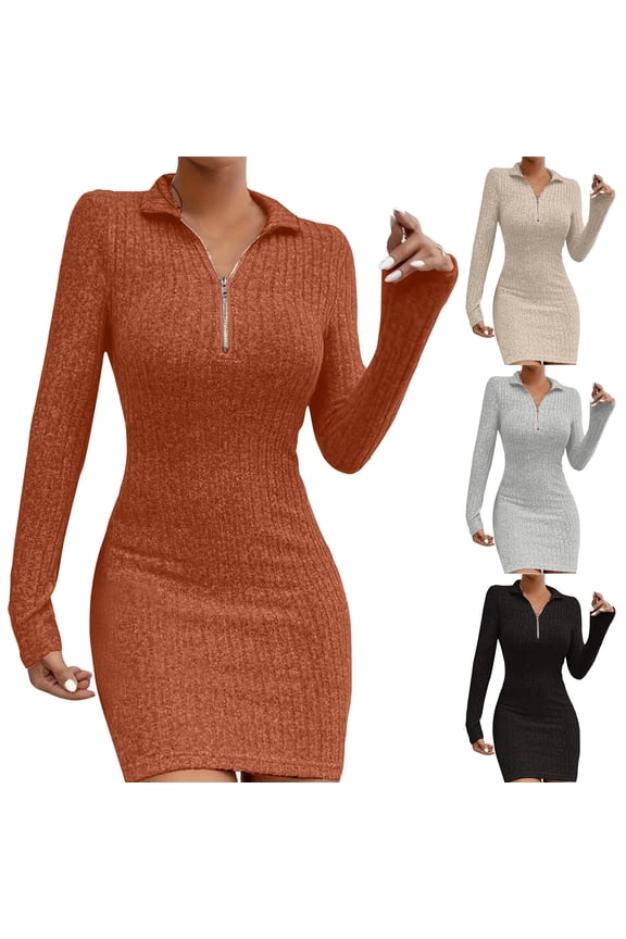 Women Long Sleeve Knit Sweater Dresses, Women Mid Length Dresses, Women's Solid Color Zipper Collar Waist-Defining Fitted Knit Short Dress Black, S