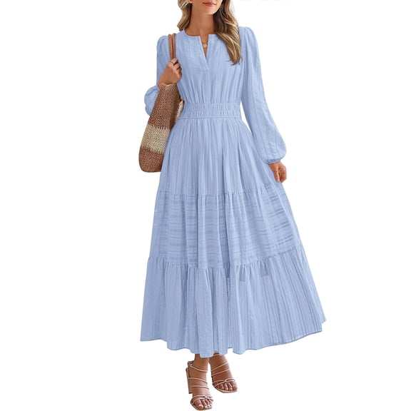 Swuxness Women Long Sleeve A Line Dress, Women Casual Maxi Dresses, Women's Solid Color V Neck Fitted Waist Full Skirt Comfortable Flowy Midi Dress Light Blue, XXL