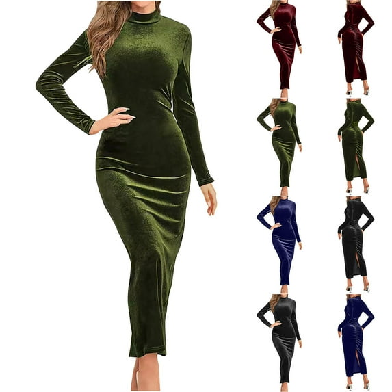 Swuxness Women Long Sleeves Bodycon Dress, Women Casual Maxi Dresses, Women's Solid Color Semi High Neck Knit Slim Comfortable Soft Long Dress Blue, S