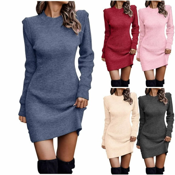 Swuxness Women Long Sleeves Bodycon Dress, Women Casual Mini Dresses, Women's Casual Solid Color Waist Cinched Bodycon Crew Neck Knee Length Dress Red, XXL