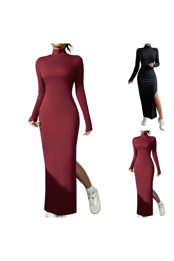 Women Long Sleeves Bodycon Dresses, Women Casual Long Dresses, Women's Solid Color Casual High Neck Basic Waist-Defining Fitted Fishtail Dress Wine, S