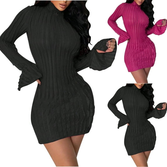 Swuxness Women Long Sleeves Bodycon Dresses, Women Casual Mini Dresses, Women's Elegant Mock Neck Solid Color Flared Sleeve Slim Body Hugging Dress Hot Pink, S