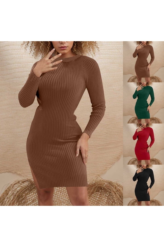Women Long Sleeves Bodycon Dresses, Women Casual Mini Dresses, Women's Solid Color Crew Neck Elegant Form Fitting Short Comfortable Stretchy Bodycon Dress Red, S
