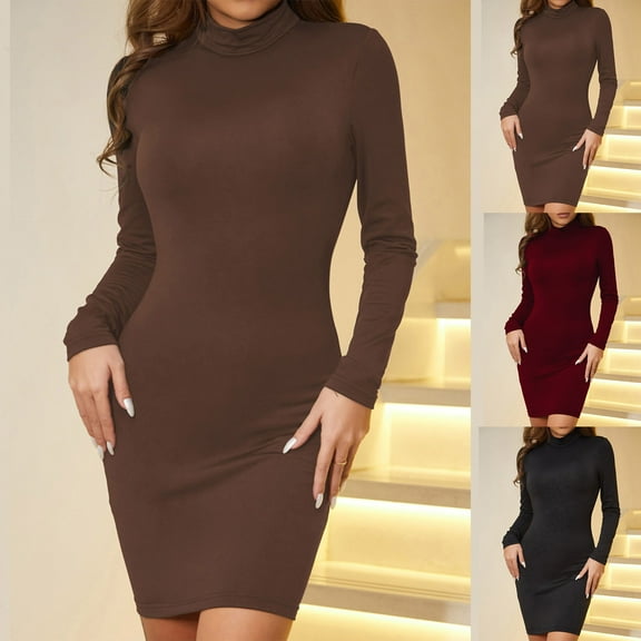 Swuxness Women Long Sleeves Bodycon Dresses, Women Casual Mini Dresses, Women's Solid Color Crew Neck Tight Slim Bodycon Knee Length Mini Dress Black, S