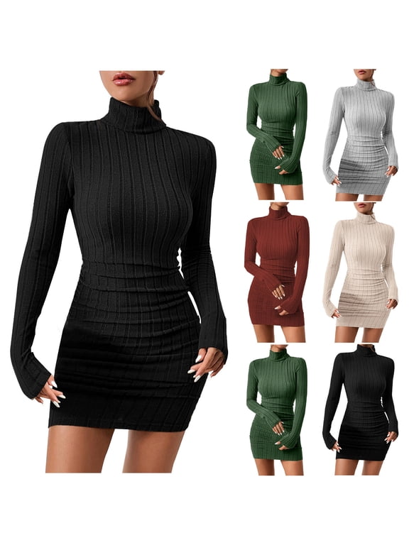 Women Long Sleeves Bodycon Dresses, Women Casual Mini Dresses, Women's Winter Turtleneck Elegant Bodycon Fitted Waist Defining Short Dress Beige, S