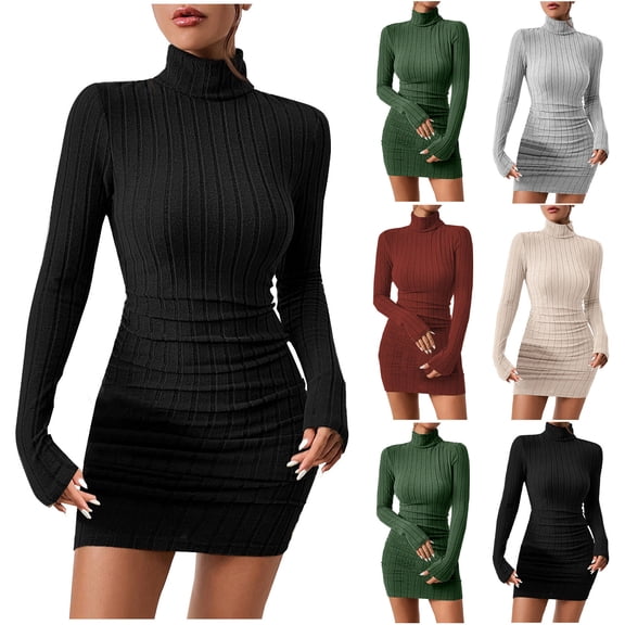 Swuxness Women Long Sleeves Bodycon Dresses, Women Casual Mini Dresses, Women's Winter Turtleneck Elegant Bodycon Fitted Waist Defining Short Dress Black, M