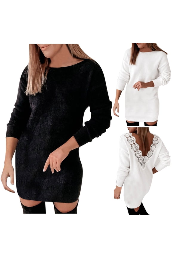 Women Long Sleeves Bodycon Dresses, Women Fall Dress, Women's Solid Color Crew Neck Lace Backless Tapered Waist Slim Knee Length Dress White, XS